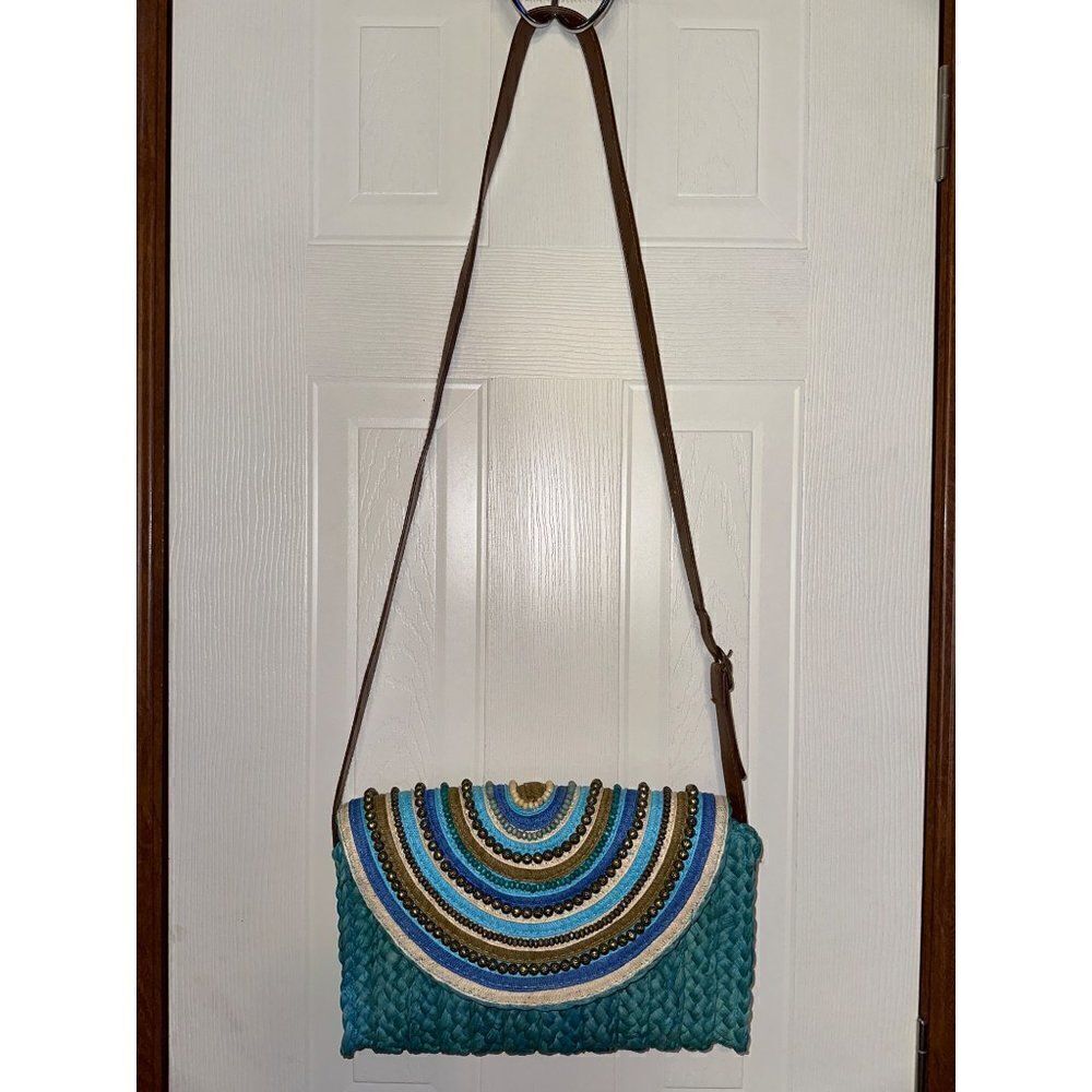 Sun N’ Sand Straw Beaded‎ Purse Bag Blue Boho Crossbody 12X9X2